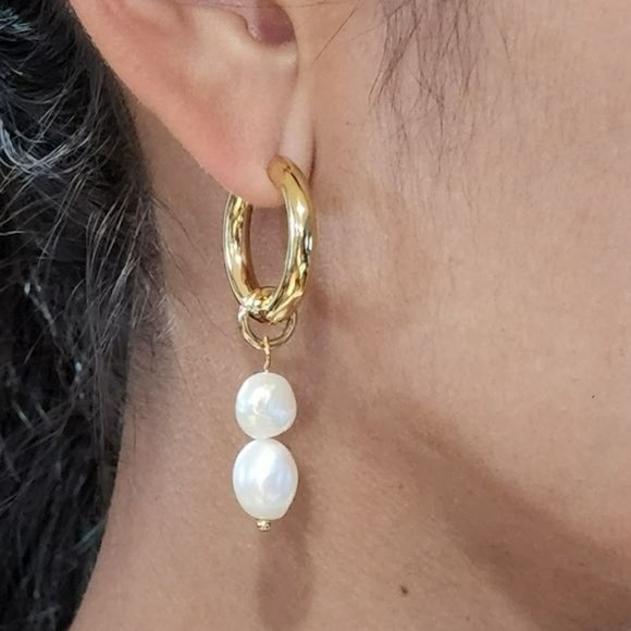 18K Gold Plated Stainless Steel Hoop Freshwater Pearl Beads Dangle Drop Earrings - Picture 9 of 9